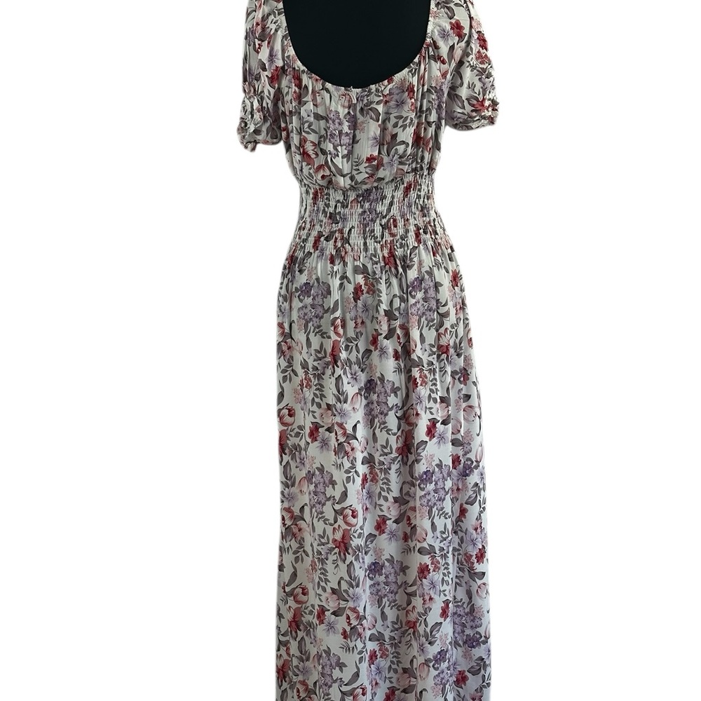 Floral Smocked Waist Maxi Dress in White with Red & Purple Flowers Prairie - Picture 3 of 15